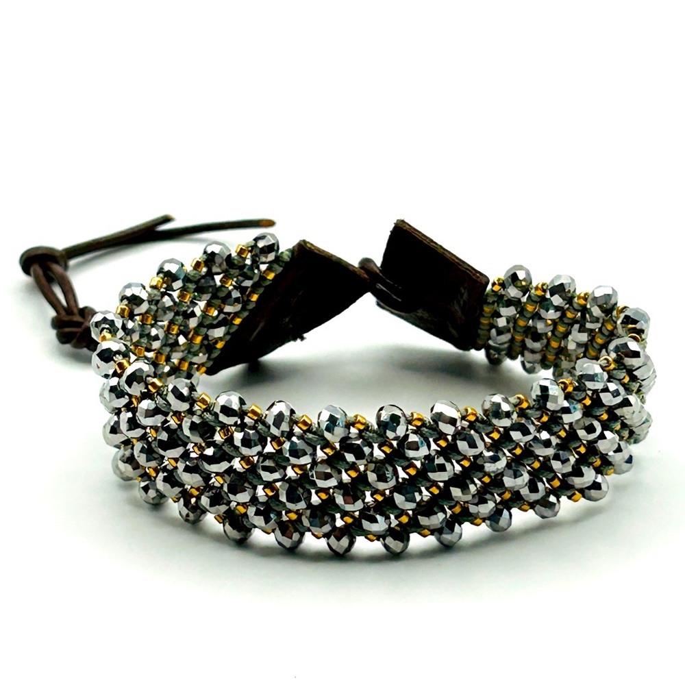 Chan Luu Two Tone Crystal and Brown Leather Bracelet 7-9”